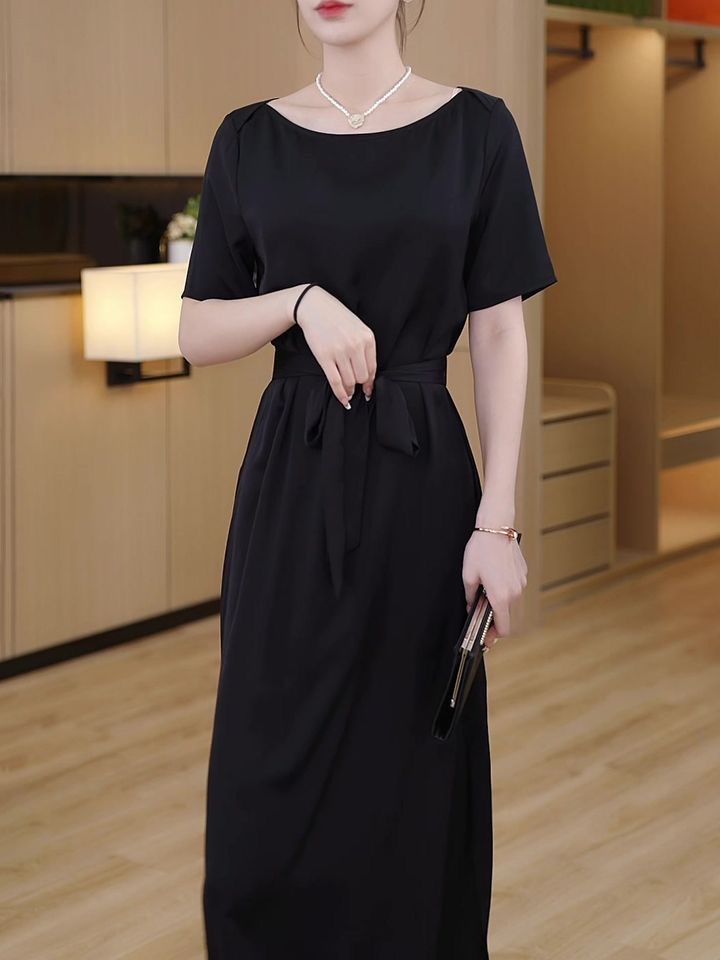 简约时尚休闲黑色连衣裙2023夏季新款韩版系带收腰遮肉显瘦中长裙