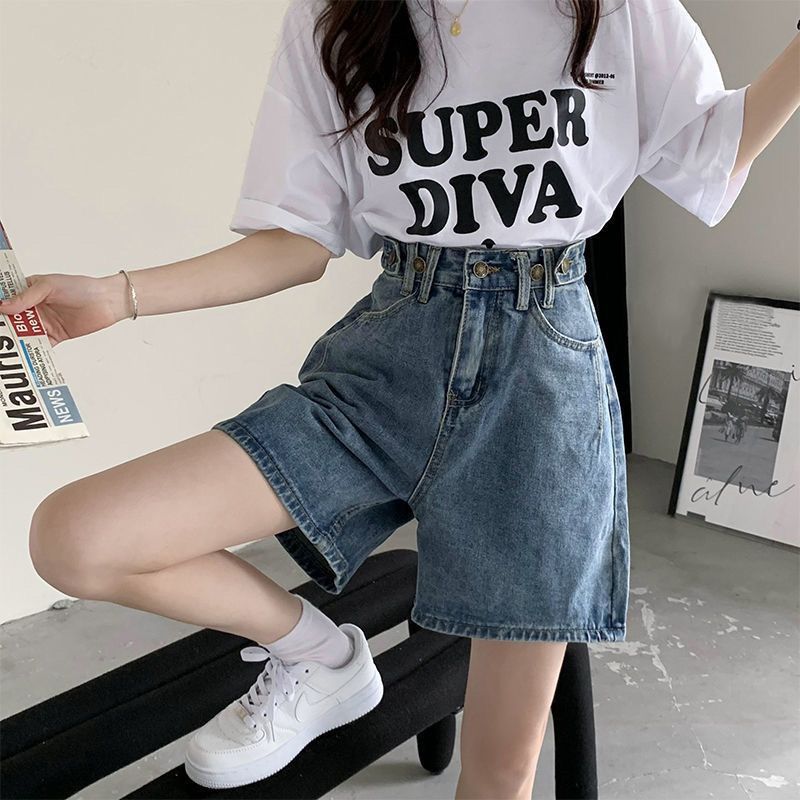 Denim shorts for women summer thin plus size fat girl mm high waist slim loose wide leg medium pants trendy pants