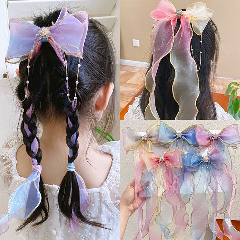 Children's streamer braided hair headdress mesh bow hairpin temperament princess fishtail hair accessories girl hairpin