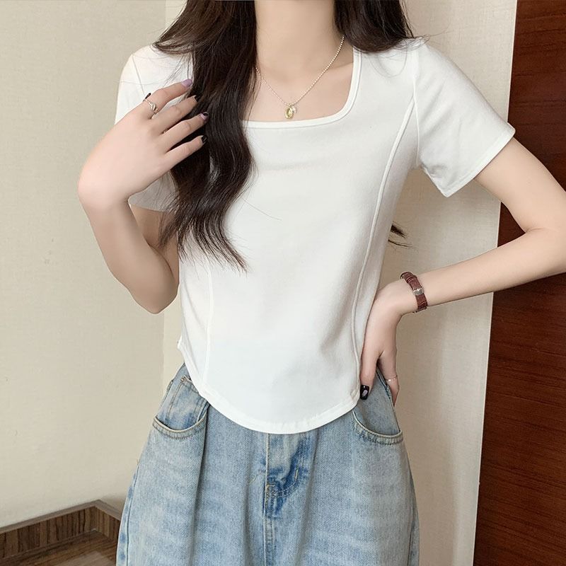 Slightly fat mm summer large size women's short-sleeved t-shirt foreign style thin section ins high street all-match front shoulder short top women's models