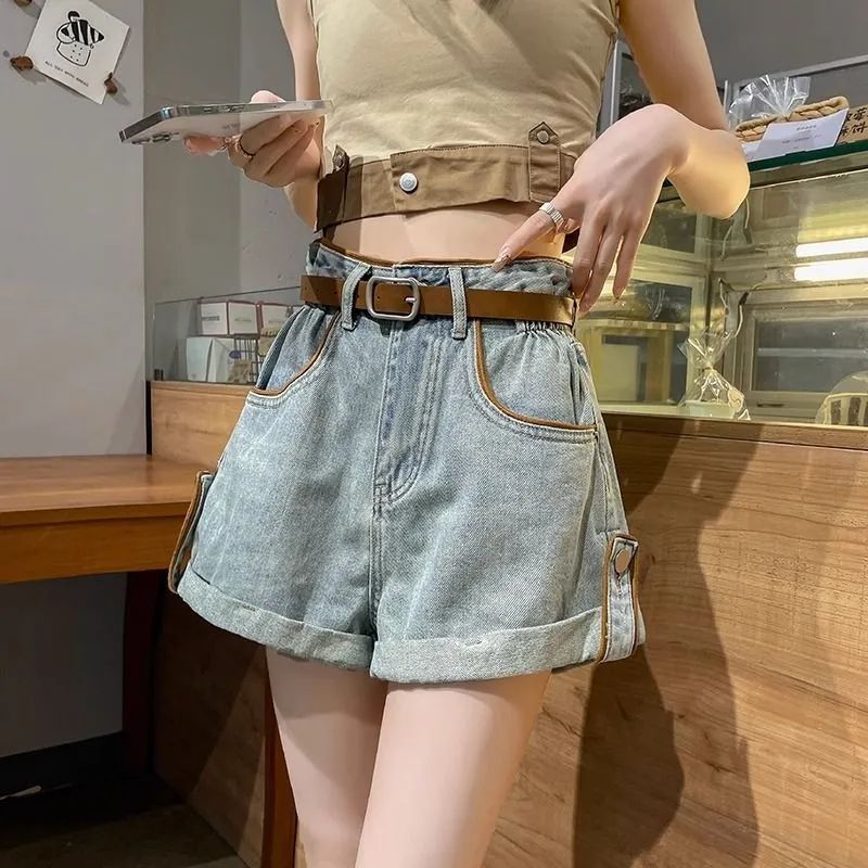 卷邊牛仔短褲女2023年夏季薄款高腰顯瘦花苞闊腿褲a字褲辣妹熱褲