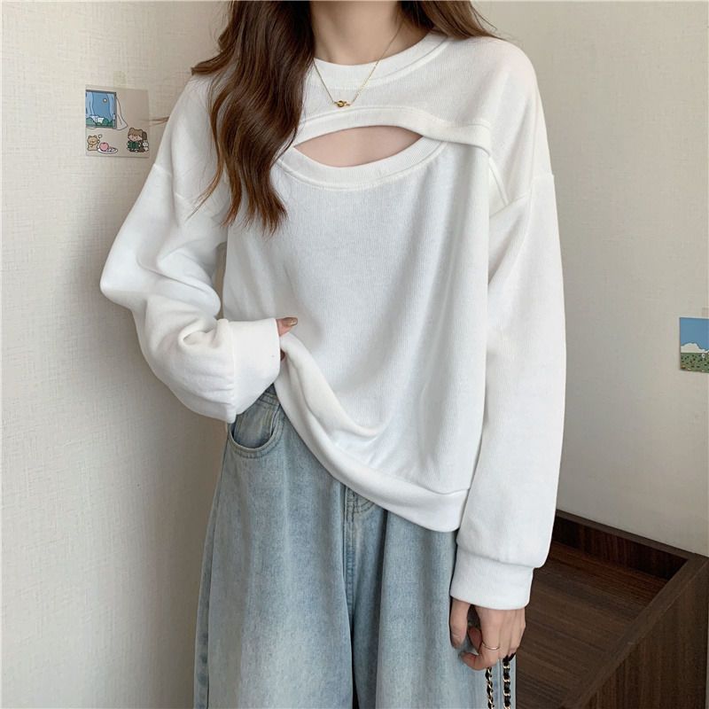 Hollow sweet and spicy style small friendly sexy top hot girl sweater girls spring and autumn models slightly fat and thin T-shirt