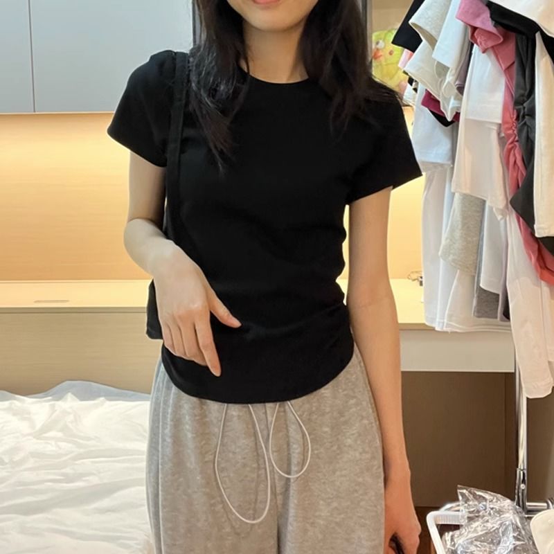 Cotton front shoulder short-sleeved T-shirt women's summer casual all-match slim top T-shirt black slimming basic bottoming shirt