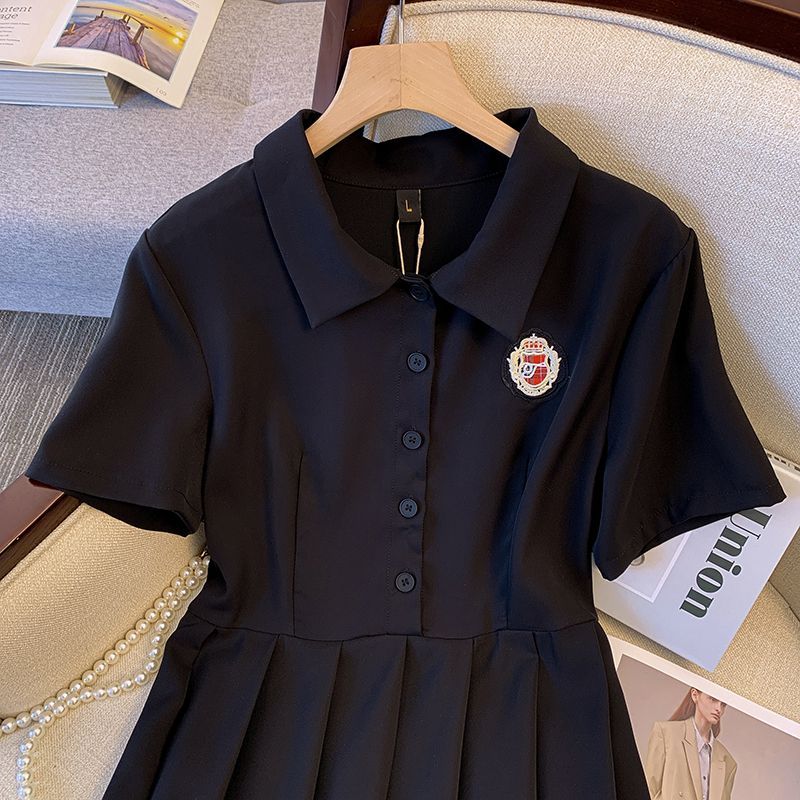 Black pleated fat mm large size dress women's summer new fashion slim waist Hepburn style polo collar skirt