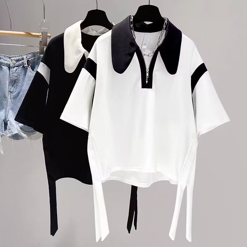 Summer fat mm large size women's French POLO shirt short-sleeved t-shirt women's thin section loose irregular casual top