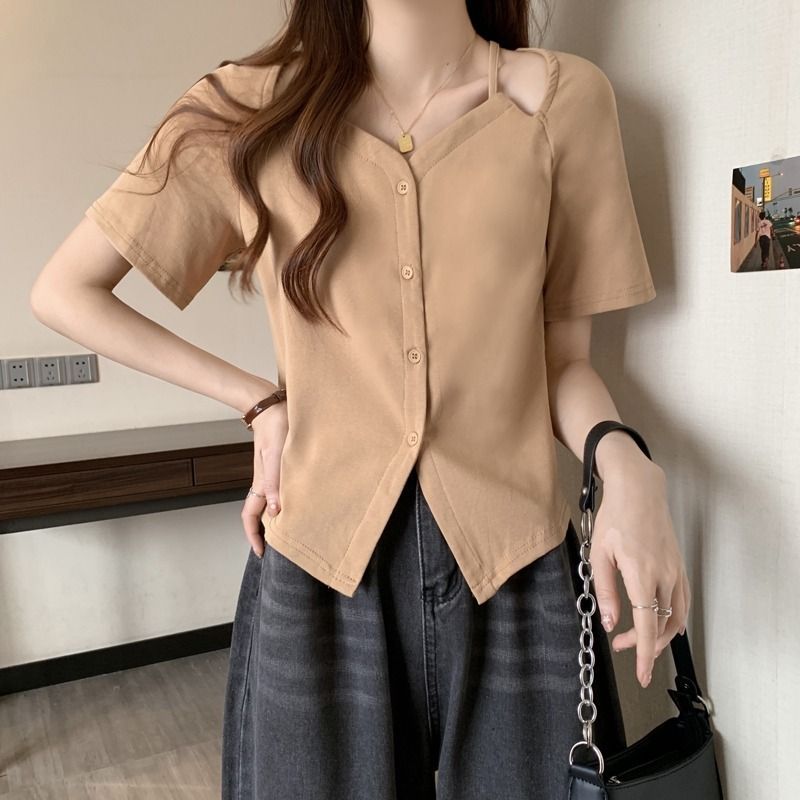 Fashion loose temperament short-sleeved shirt summer exposed collarbone sweet short t-shirt niche fat mm shoulder top