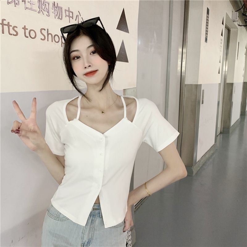 Pure desire wind splicing fake two-piece t-shirt summer short-sleeved sweet hot girl ins tide high street foreign style thin top clothes women