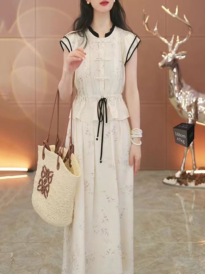 新中式時尚復古套裝女2023夏季新款設計感氣質上衣+半身裙兩件套