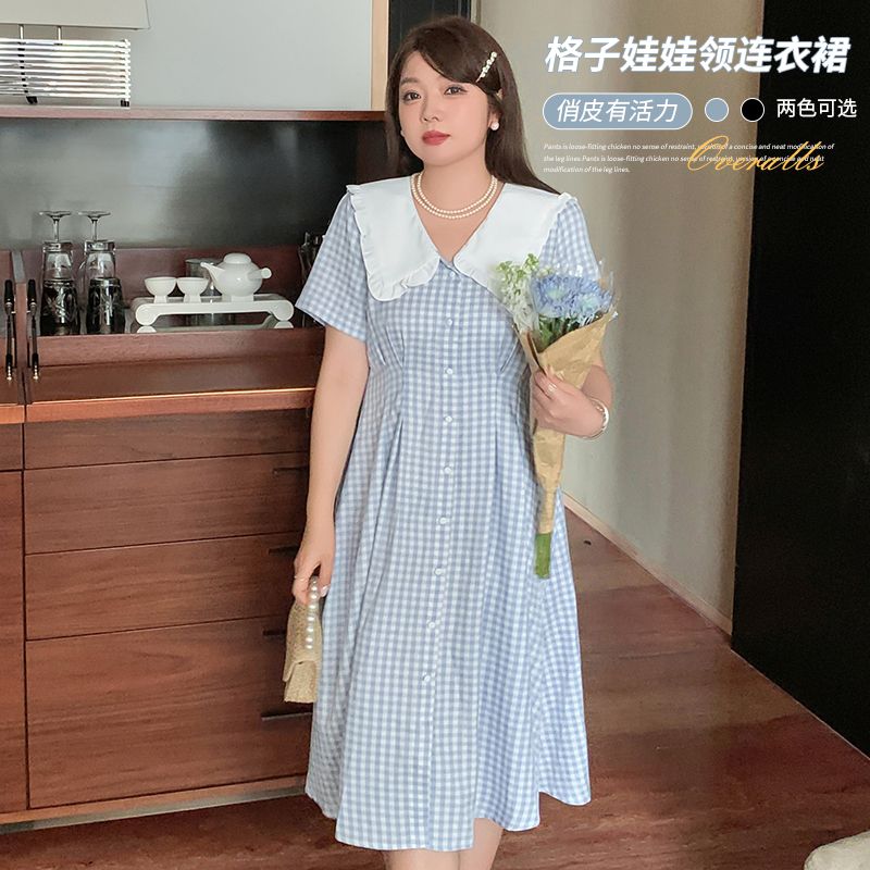 2023夏季顯瘦新款大碼女裝收腰高級胖mm學院風格子娃娃領連衣裙87