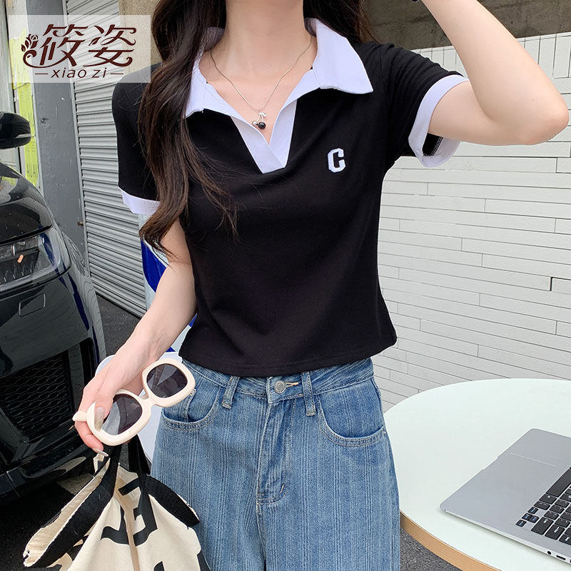 筱姿2023年新款夏季女裝正肩polo領別致獨特短袖t恤短款辣妹上衣