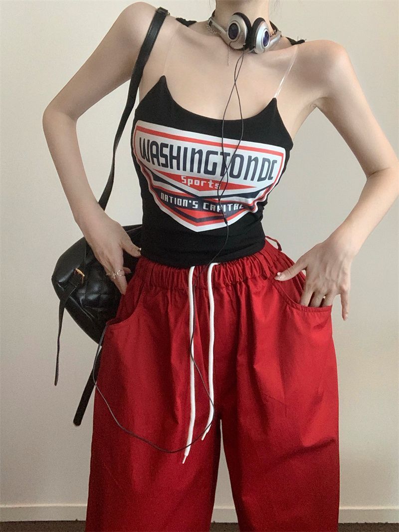 美式字母印花小背心女设计感透明吊带夏季甜酷辣妹修身短款上衣女