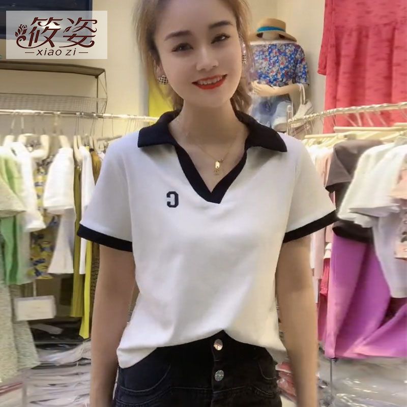 筱姿polo領白色短袖t恤2023新款夏季設計感小眾修身短款辣妹上衣