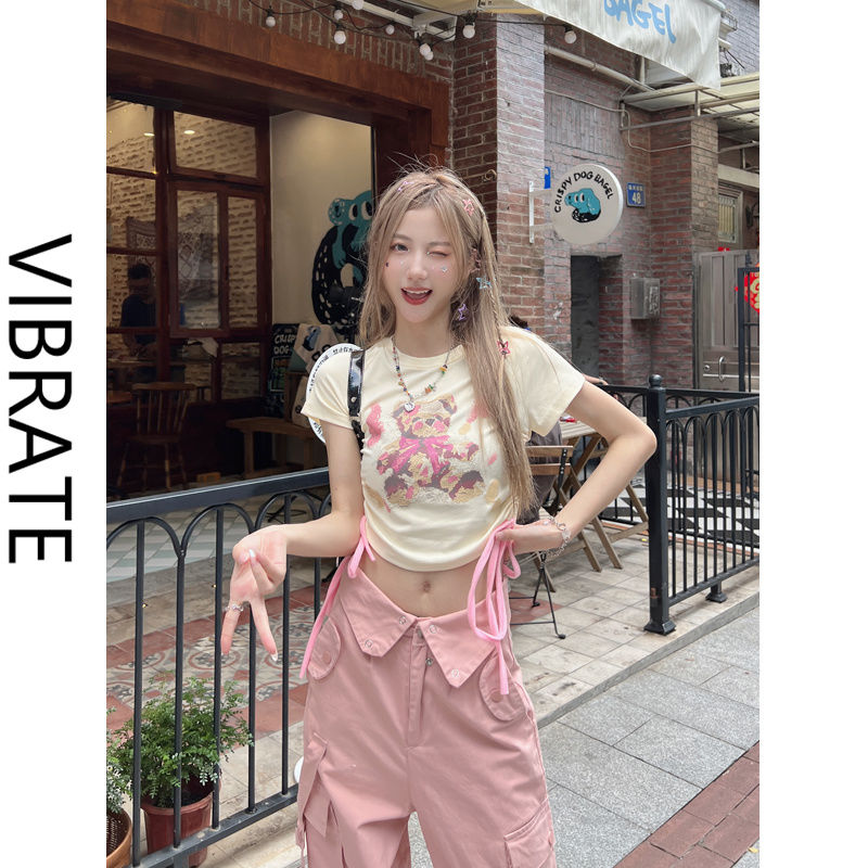 VIBRATE Korean version of the hot girl sweet cool bear graffiti print shoulder short-sleeved t-shirt slim fit all-match top tide
