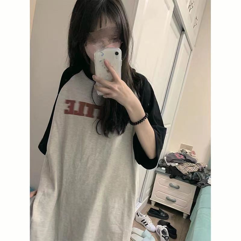 純棉插肩短袖拼接T恤女夏季新款設計感美式寬鬆百搭撞色上衣潮牌