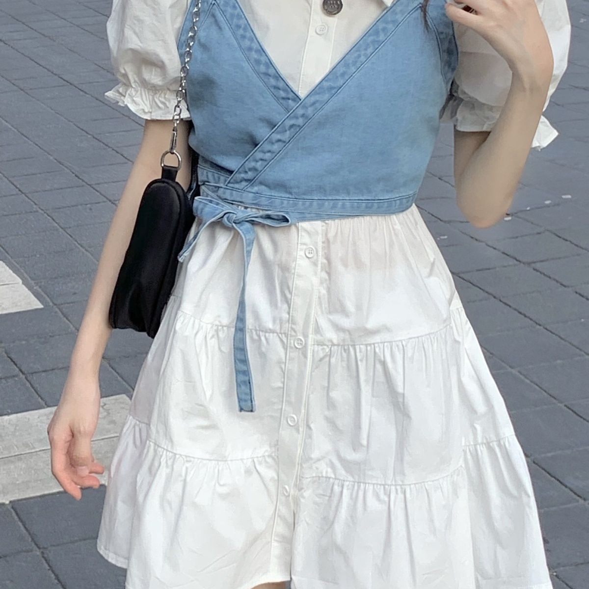 Two-piece set 2022 summer new Korean version of ins puff sleeve shirt dress cowgirl camisole suit