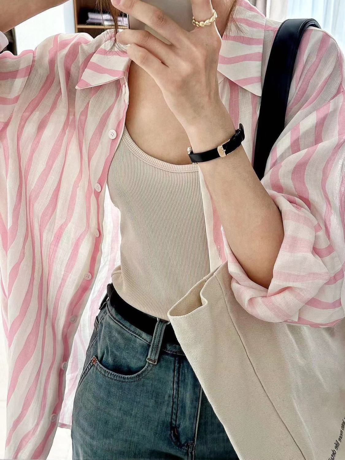 2023夏季薄款甜美粉色條紋防曬襯衫女寬鬆顯瘦上衣時尚襯衣外穿潮