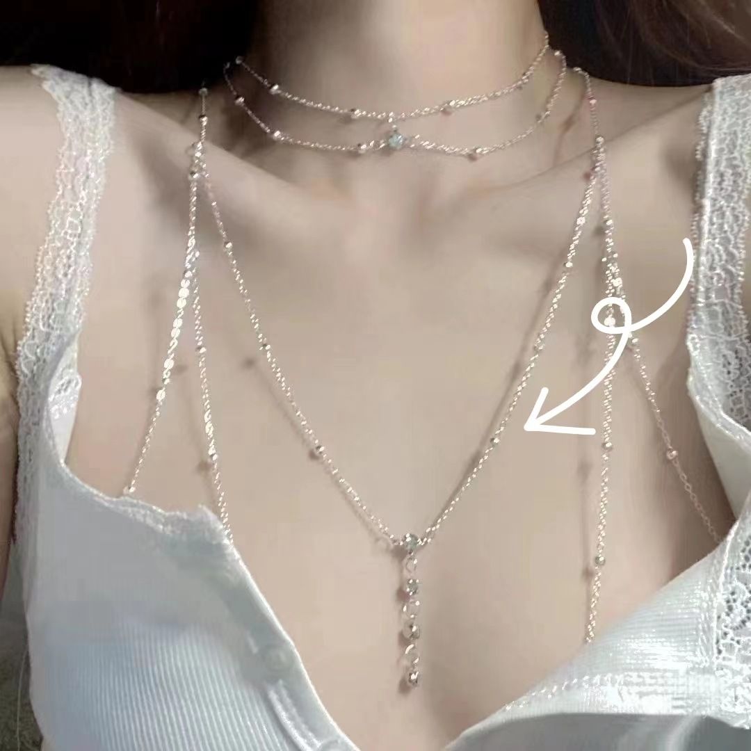 時尚鑲鑽園珠鏈身體鏈飾閃鑽吊墜流蘇項鍊胸鏈時尚女歐美潮