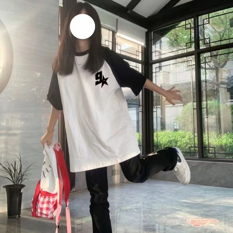 100%純棉復古撞色插肩短袖T恤女夏季新款原宿BF寬鬆情侶上衣ins