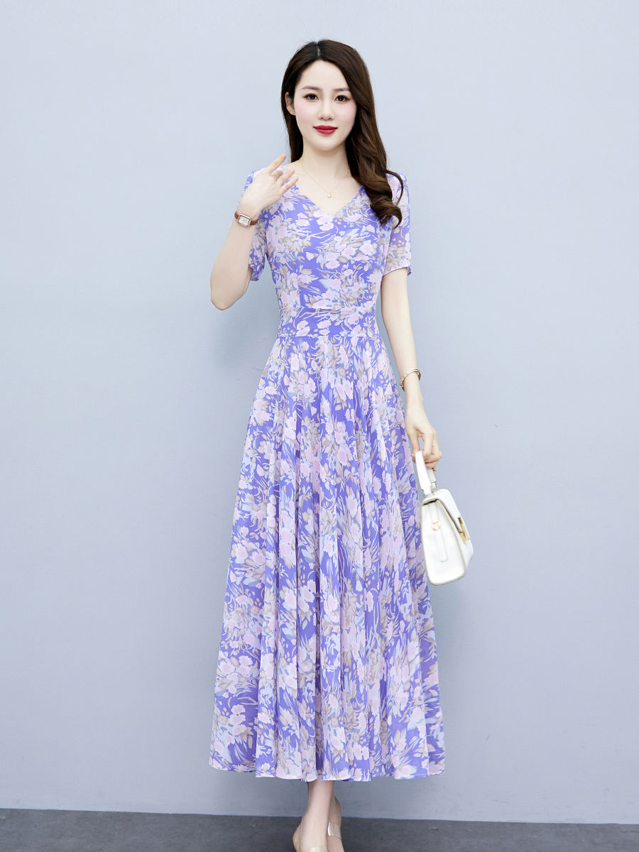 夏季連衣裙2023新款雪紡碎花優雅高貴氣質媽媽遮肚顯瘦夏天長裙女