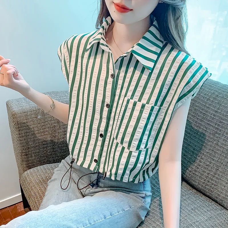 French hem drawstring striped shirt women's 2023 new summer design sense niche short flying sleeve top