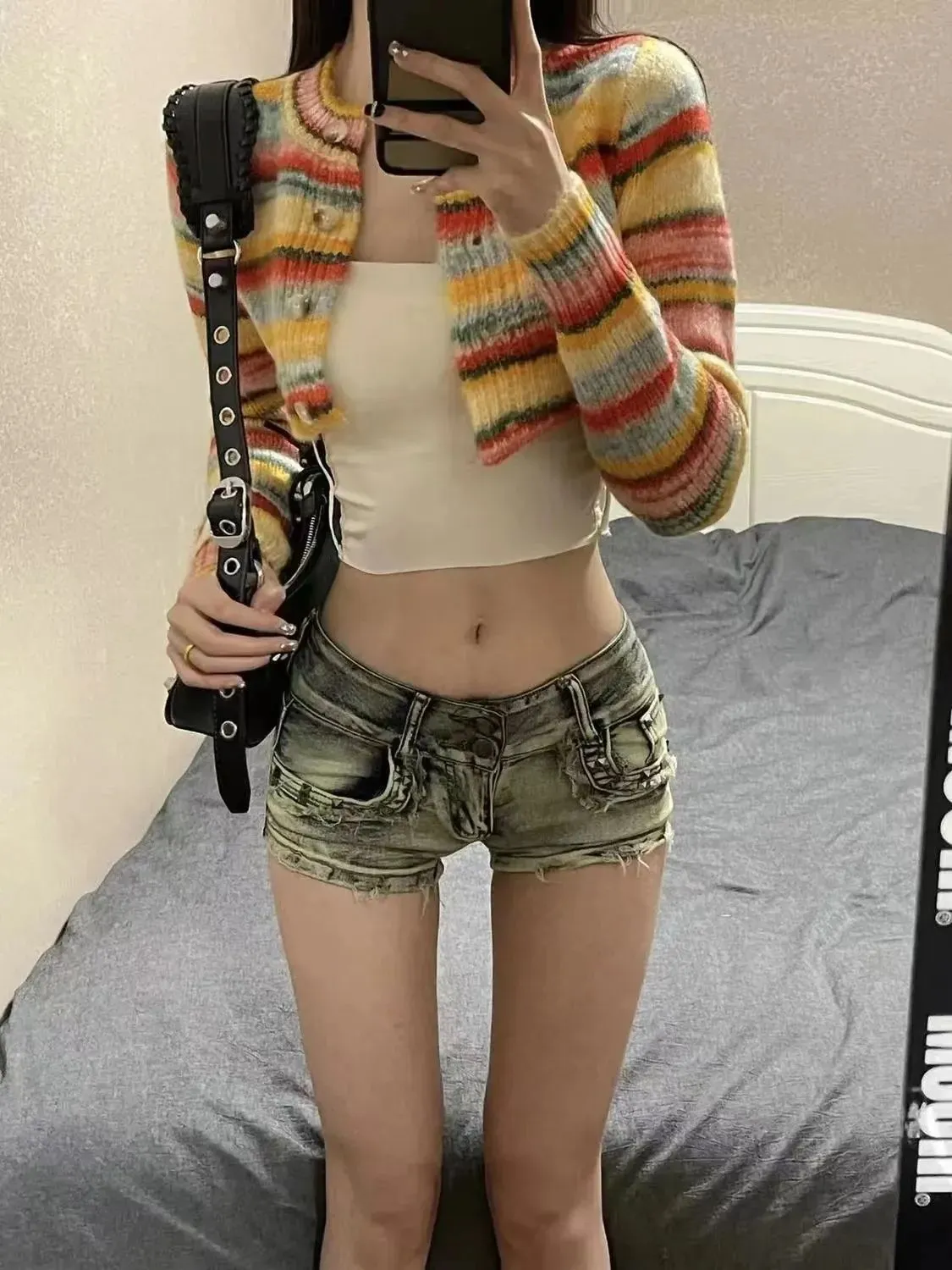 2023夏季新款美式高街辣妹低腰牛仔超短褲女復古緊身包臀闊腿熱褲