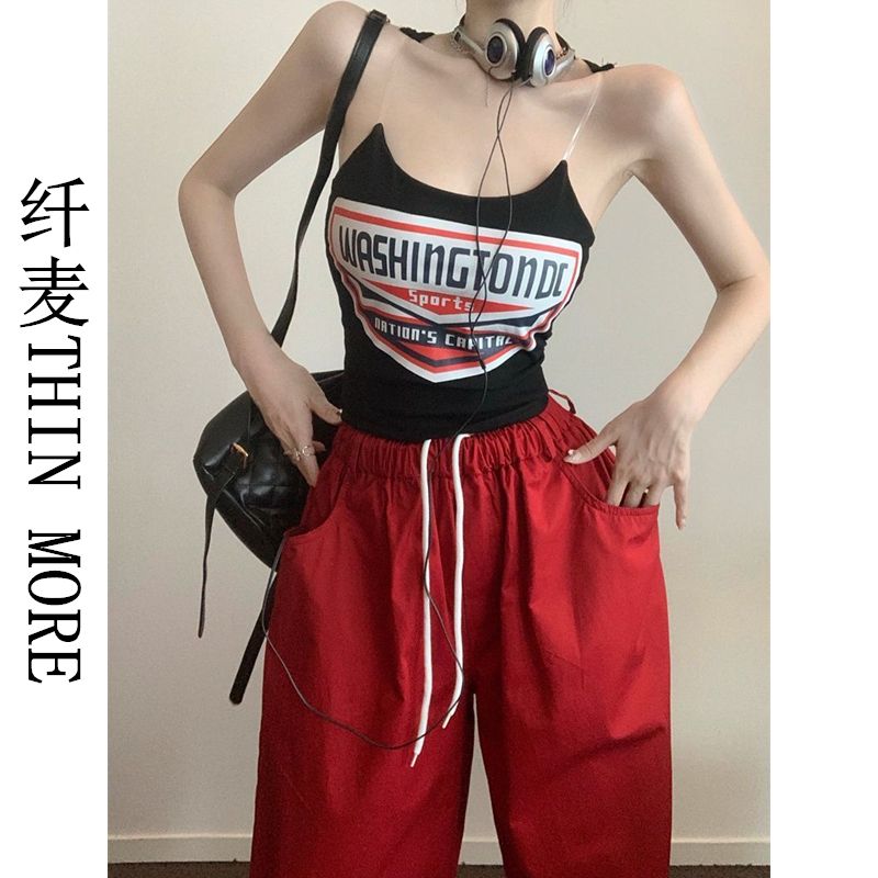 American letter printed small vest for women with design sense transparent suspender summer sweet and cool hot girl slim short top for women