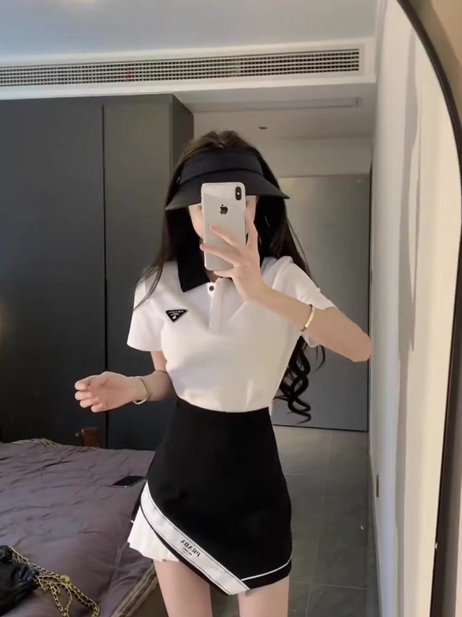 Sweet college style suit women's summer new temperament short-sleeved top + high waist slim skirt two-piece set