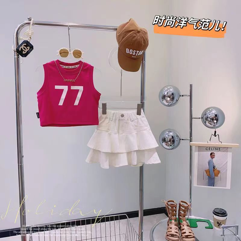 夏季女童2023新款韩版洋气字母无袖背心时髦纯色甜美潮百褶裙套装