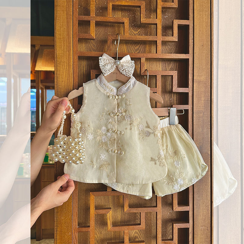 Little Mumu Girls Cheongsam Suit Summer Wear 2023 New Children's Style Two-piece Shorts Set Baby Girl National Style