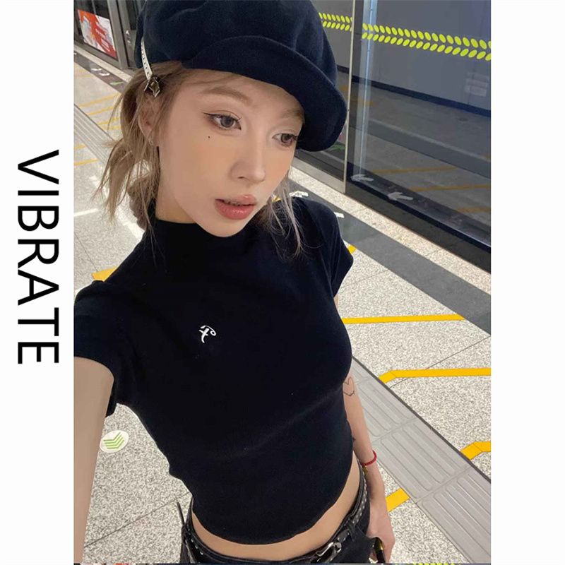 VIBRATE American hot girl black short-sleeved t-shirt women's summer slim half-high collar design chic top tide