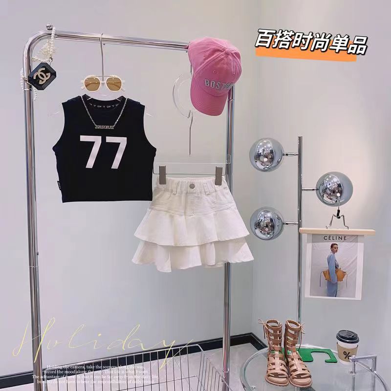 夏季女童2023新款韩版洋气字母无袖背心时髦纯色甜美潮百褶裙套装