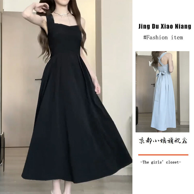 法式設計感氣質時尚交叉系帶吊帶連衣裙女學生夏季簡約通勤a字裙