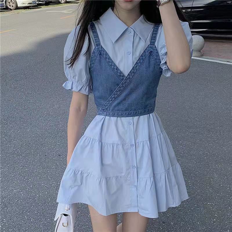 Two-piece set 2022 summer new Korean version of ins puff sleeve shirt dress cowgirl camisole suit