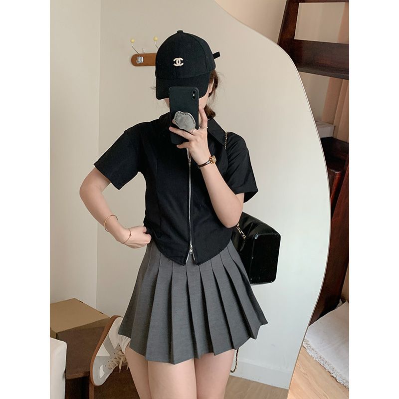 短袖黑色襯衫女夏純欲風短款襯衣顯瘦設計感小眾甜酷ins拉鏈上衣