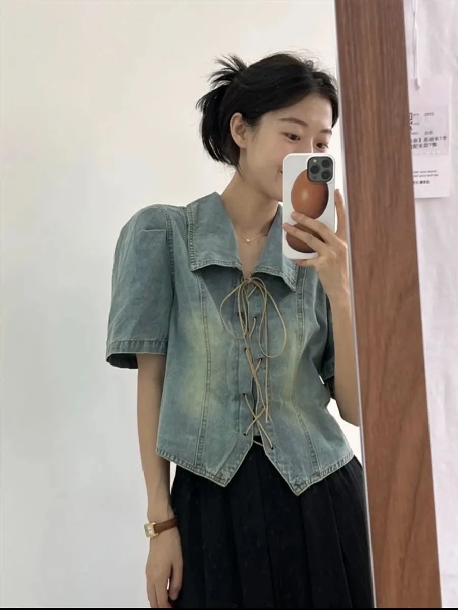 設計感小眾系帶牛仔襯衫女夏季2023新款復古寬鬆百搭顯瘦短款上衣