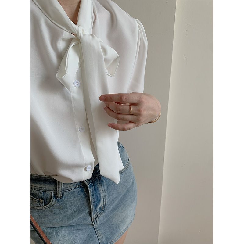 法式别致设计感蝴蝶结长袖系带衬衫夏季气质小众短袖白色上衣