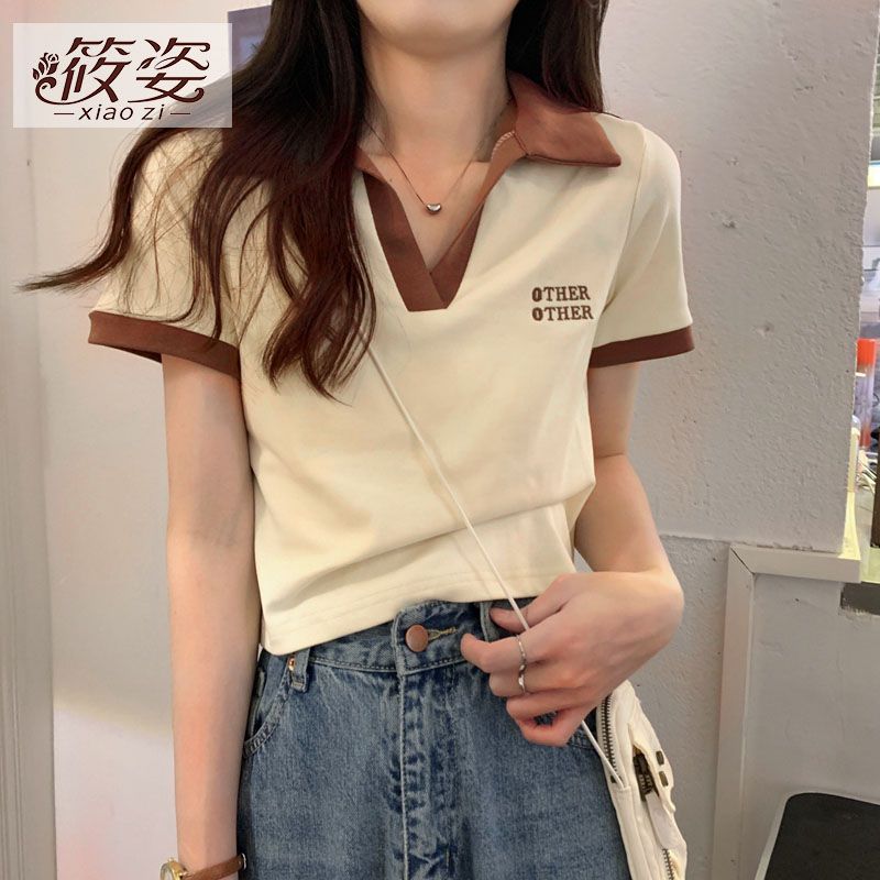 筱姿夏季修身女士短袖t恤設計感小眾短款別致獨特Polo領百搭上衣