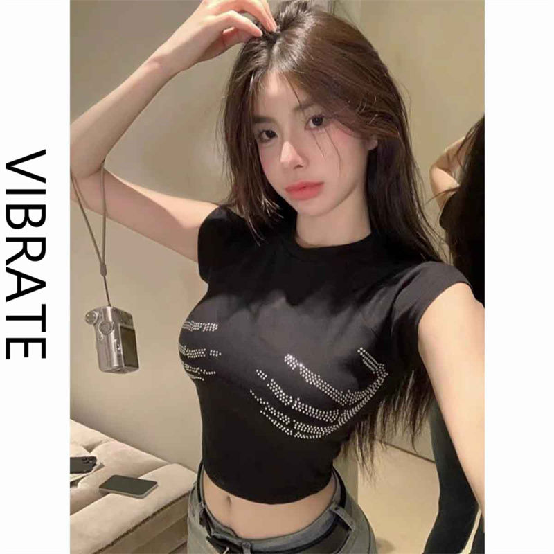 VIBRATE unique hot girl sexy short navel top design sense niche hot drill short-sleeved t-shirt female summer