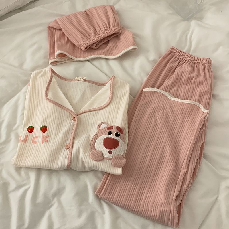 ins睡衣女夏季草莓熊短袖短褲薄款日系可愛新款三件套家居服夏天