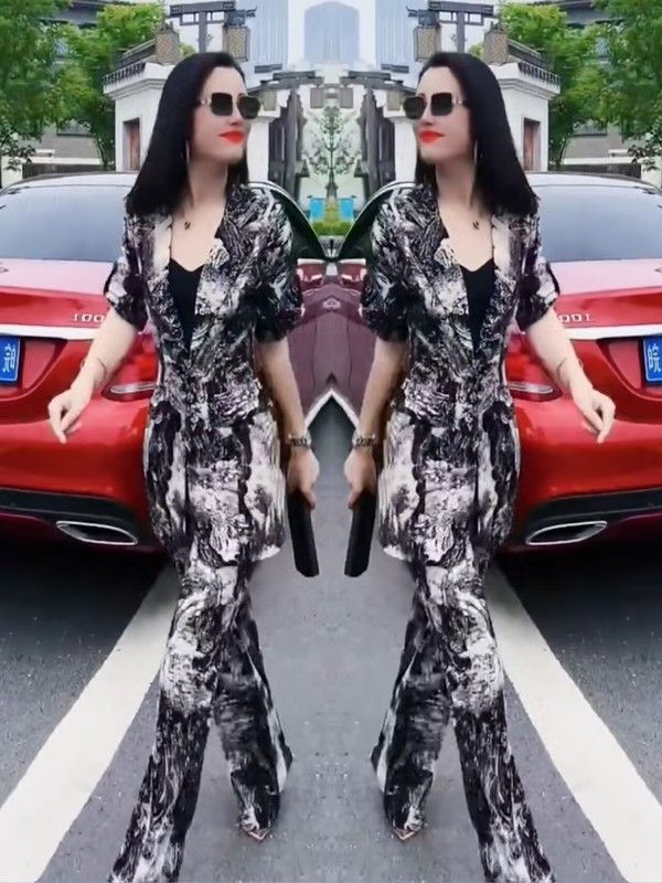 網紅時尚爆款套裝女2023夏季新款洋氣減齡顯瘦印花西裝長褲兩件套