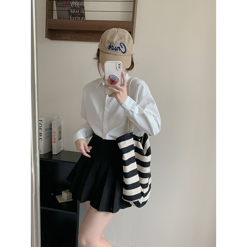 2023春秋薄款長袖白色襯衫女設計感氣質內搭通勤polo領襯衣上衣OL