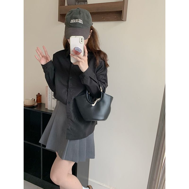 氣質黑色襯衫女春秋日系長袖學院風休閒上衣韓版寬鬆翻領學生襯衣