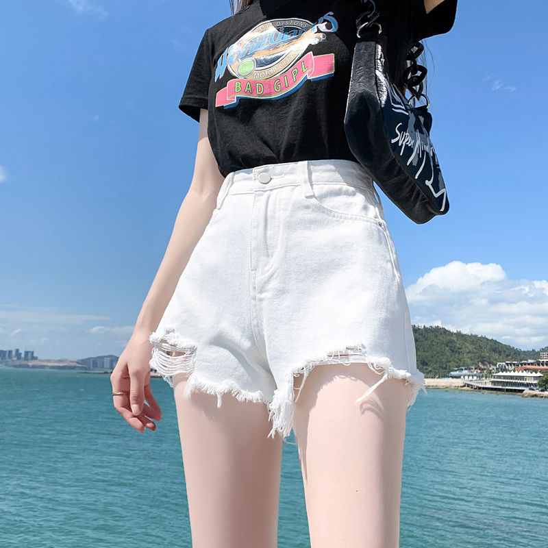 2023新款高腰顯瘦毛邊a字牛仔短褲女夏時尚薄款學生遮肉破洞熱褲