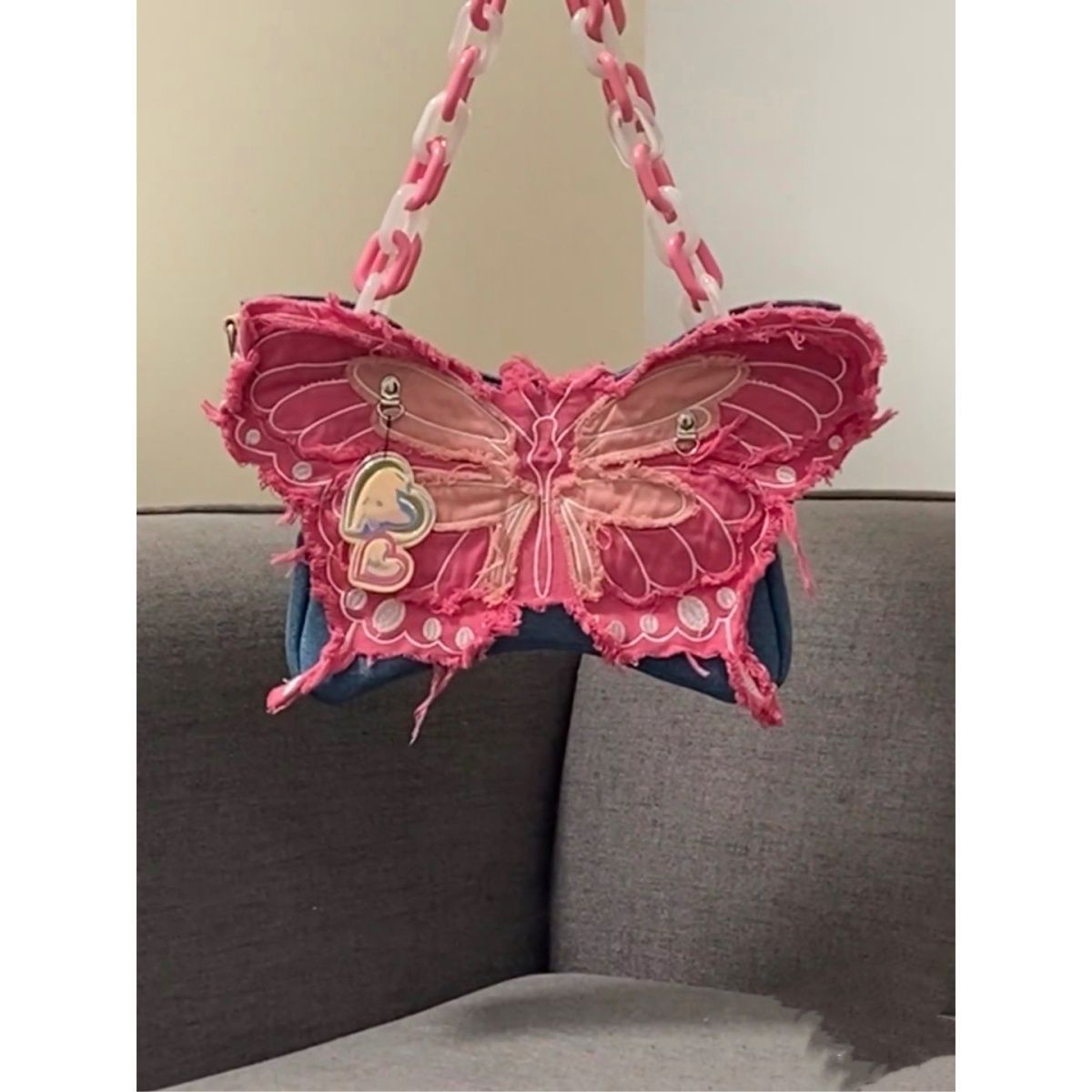 Original Denim Butterfly Contrast Color Pain Bag Acrylic Chain One-Shoulder Crossbody Shaped Doba...