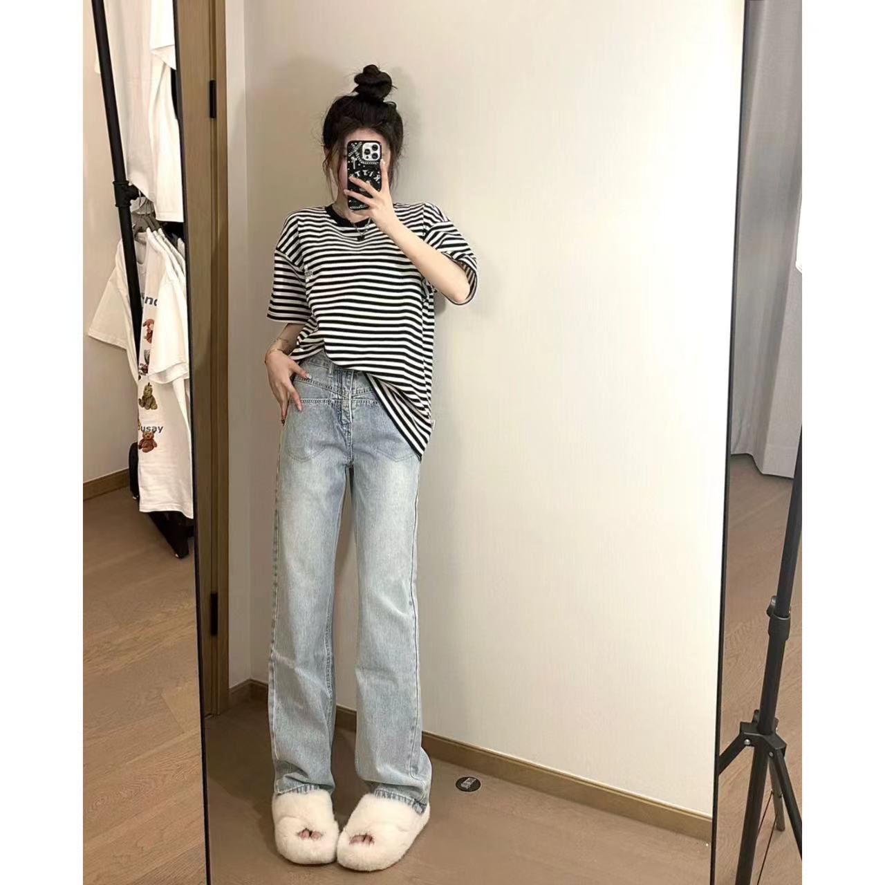 春秋季牛仔褲女水洗拖地長褲寬鬆遮肉顯瘦百搭辣妹直筒高腰歐美風