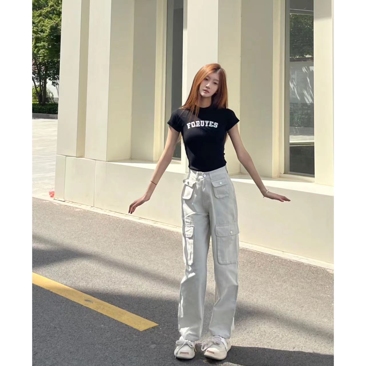 白色工裝牛仔褲女紐扣多口袋百搭秋冬季拖地長褲百搭辣妹高街潮流