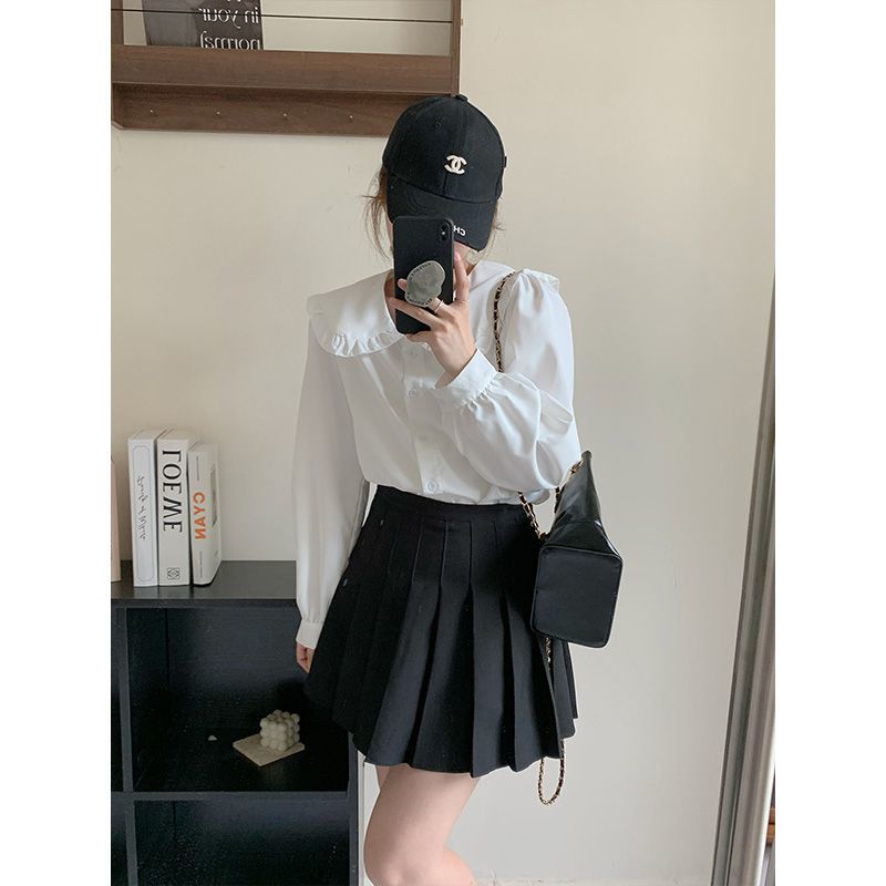 小個子娃娃領甜美白襯衫女韓版春秋小眾別致設計感長袖內搭上衣