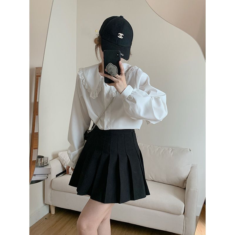 白色娃娃領長袖襯衫女設計感2023春秋新款法式減齡甜美學院風上衣