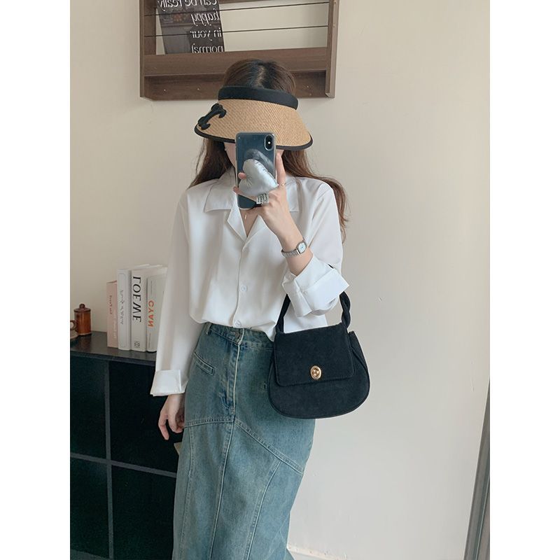法式氣質白色襯衫女2023年春秋設計感打底長袖百搭西裝領職業上衣