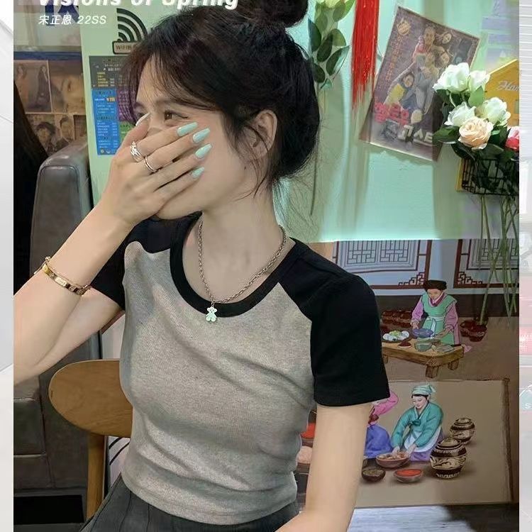 純棉女裝正肩短款t恤女短袖夏季設計感撞色拼接緊身上衣辣妹體恤